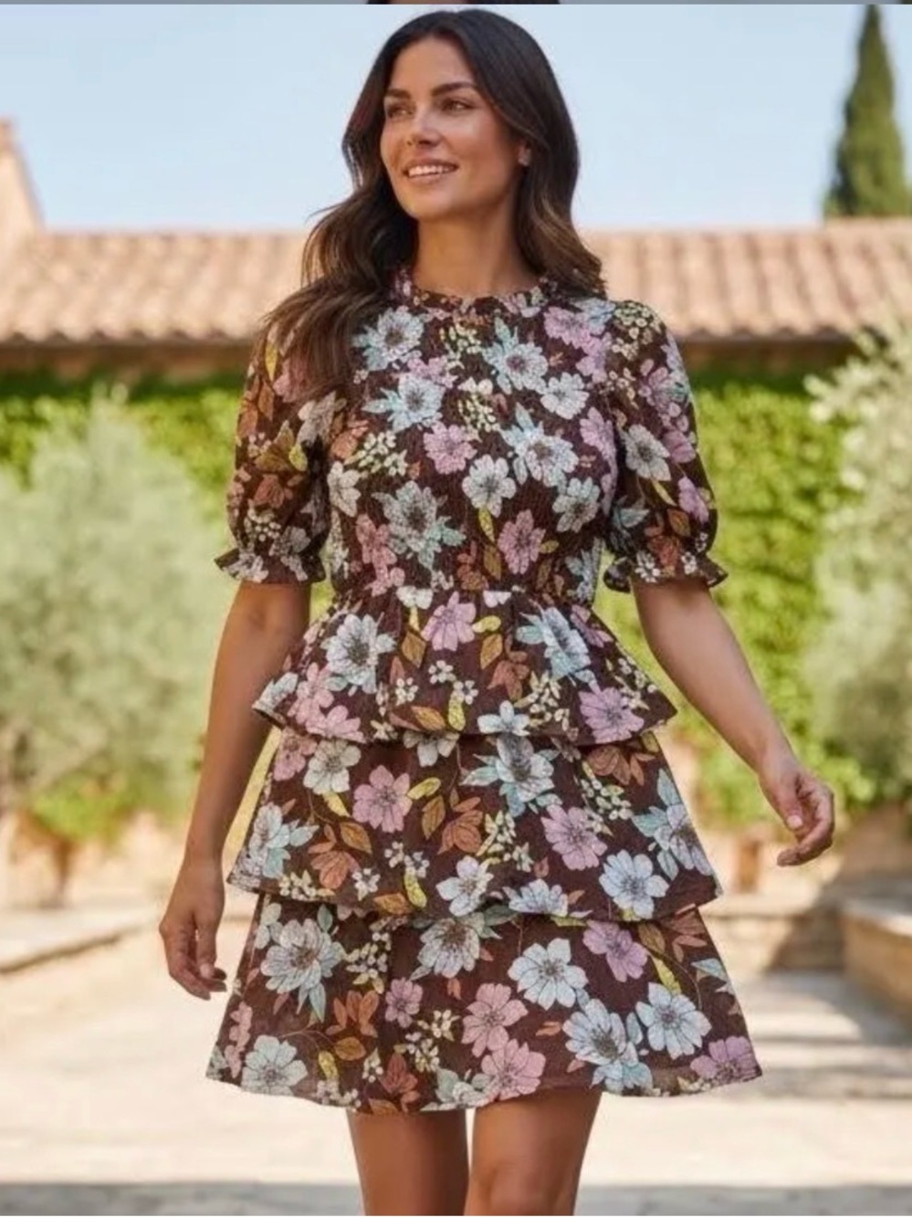 Monteau Los Angeles ruffle Brown Floral Mock Neck Tiered Dress Size Large (8)